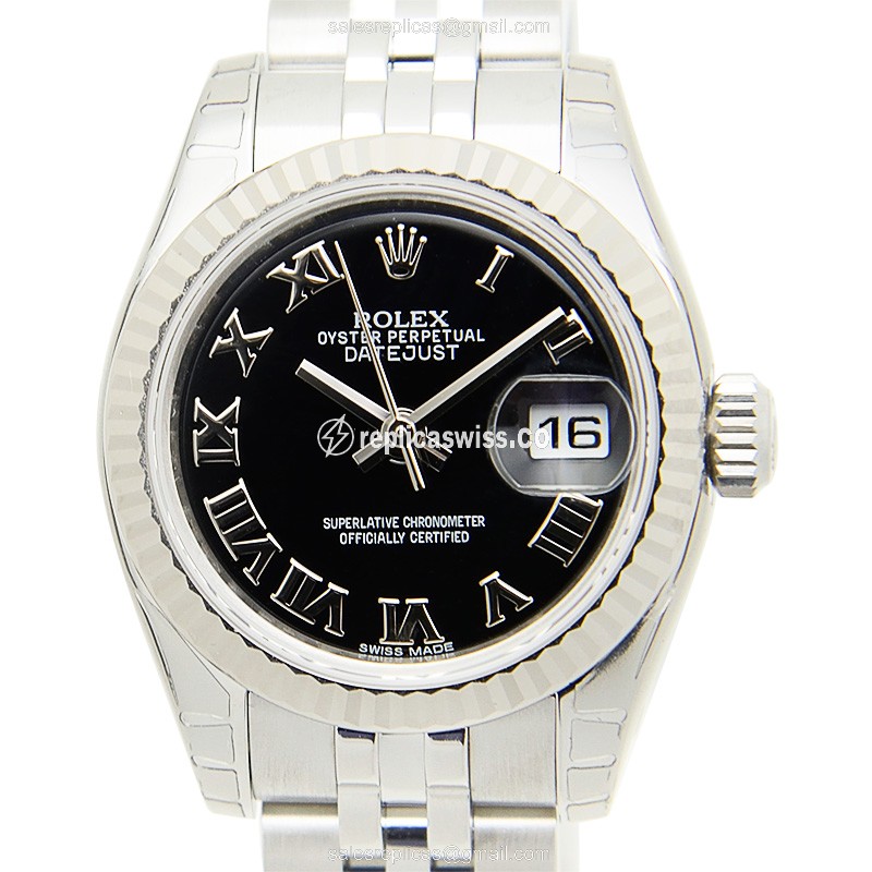 Luxurious Rolex Lady Datejust Replica in 18kt White Gold & Steel, Automatic Movement & Black Dial