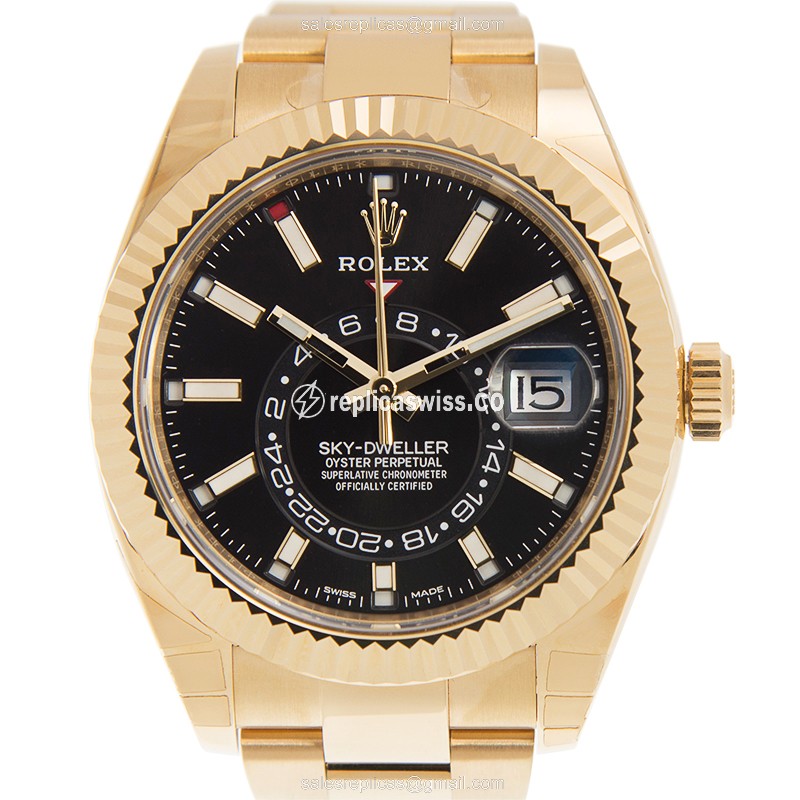 Luxurious Rolex Sky-Dweller Replica in 18kt Gold, Automatic Movement & Black Dial Watch