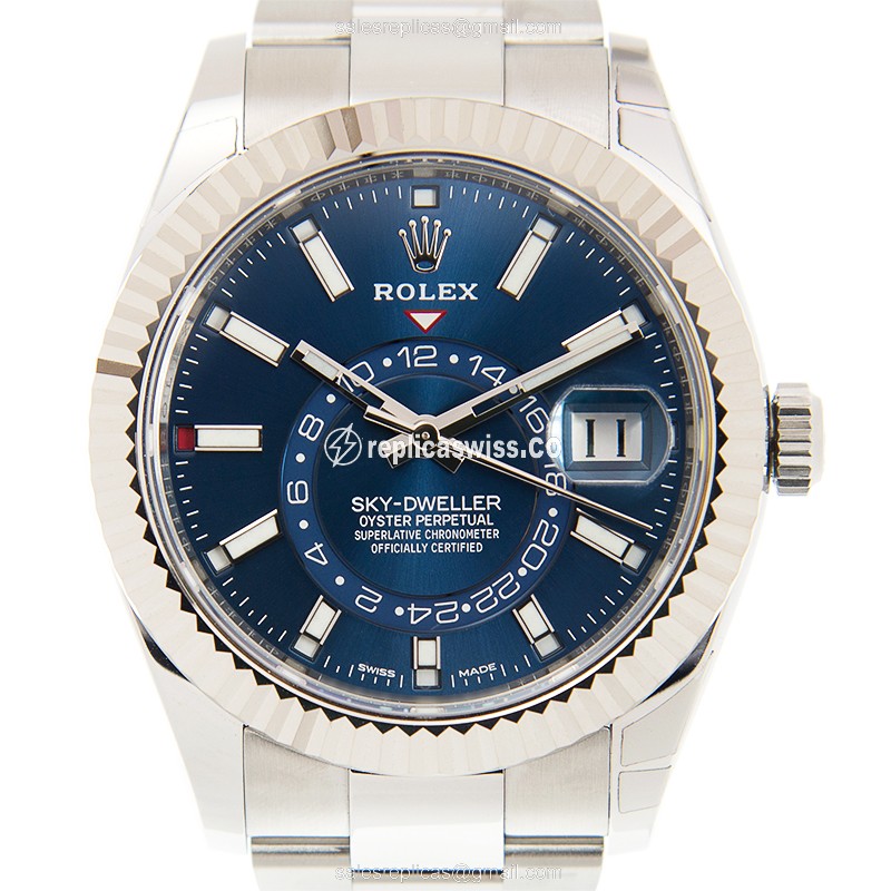 Luxurious Rolex Sky-Dweller Replica in 18kt White Gold & Steel, Automatic Movement, Blue Dial Watch