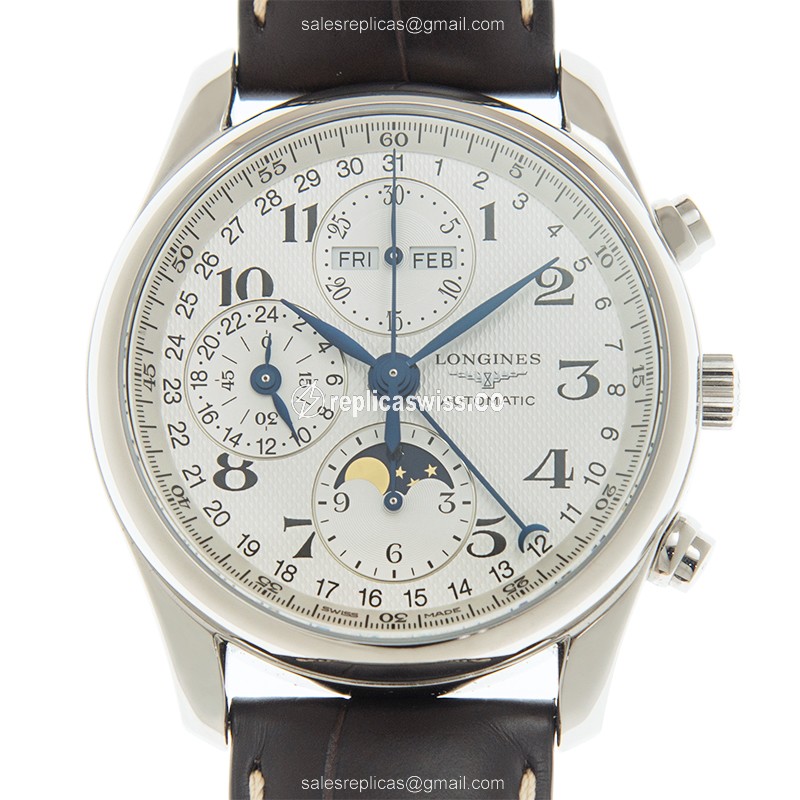 Luxurious Silver Dial Longines Master Automatic Steel Replica with Alligator Brown Strap Watch