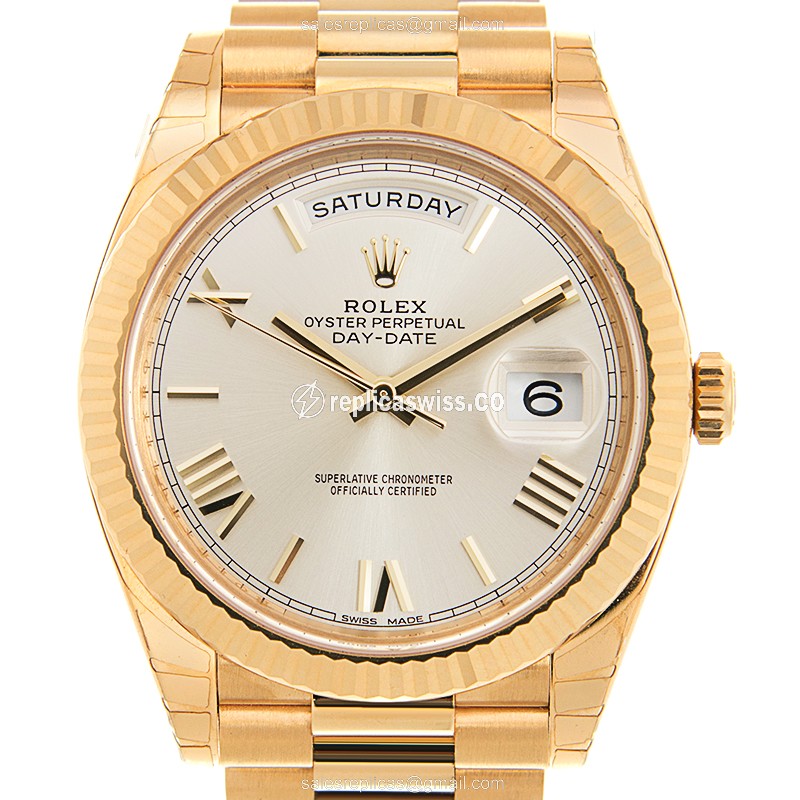 Luxurious Silver Dial Rolex DAY-DATE Replica in 18kt Gold, Automatic Movement Watch