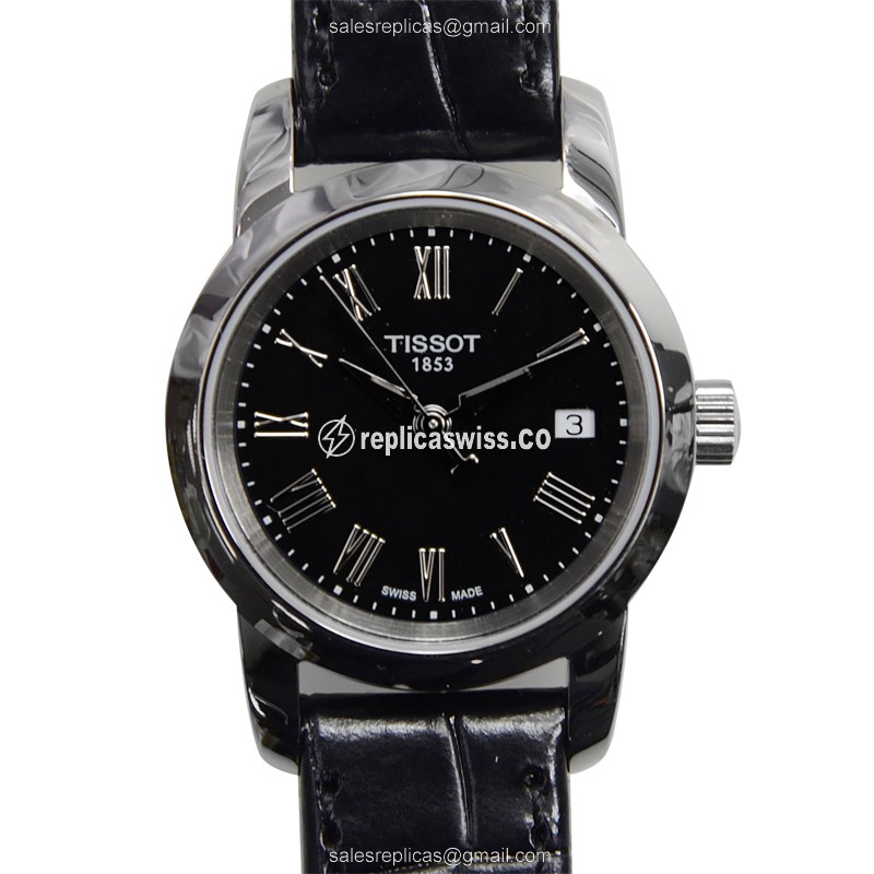 Luxurious Tissot T-Classic Black Dial Quartz Replica, Stainless Steel Case & Leather Strap Watch