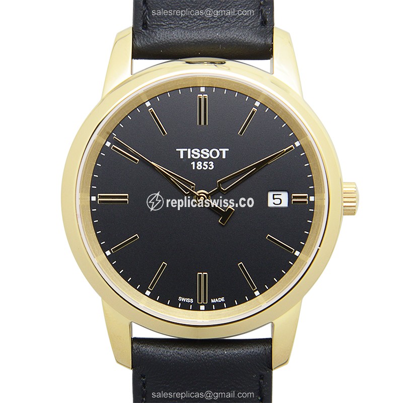 Luxurious Tissot T-Classic Replica in Stainless Steel, Black Dial & Leather Strap Watch