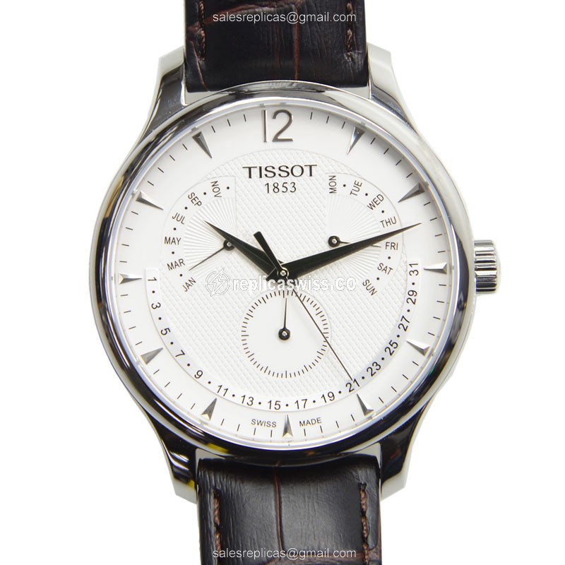 Luxurious Tissot T-CLASSIC Replica in Stainless Steel Case with White Dial & Genuine Leather Strap