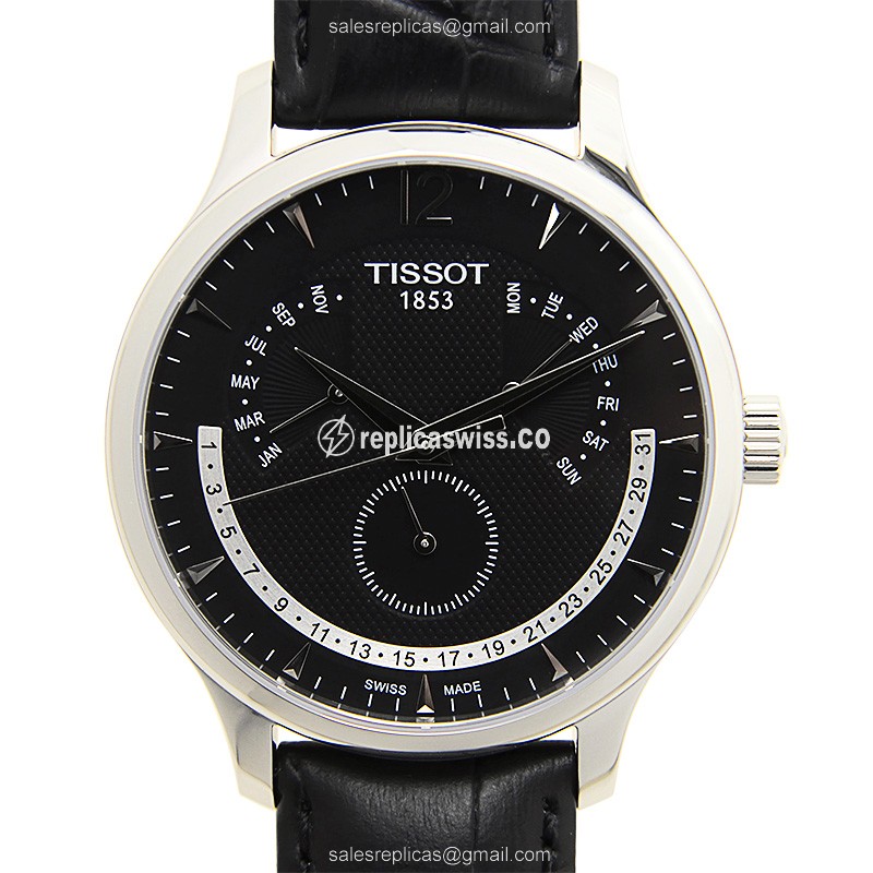 Luxurious Tissot T-Classic Replica Watch in Stainless Steel, Black Dial, Leather Strap
