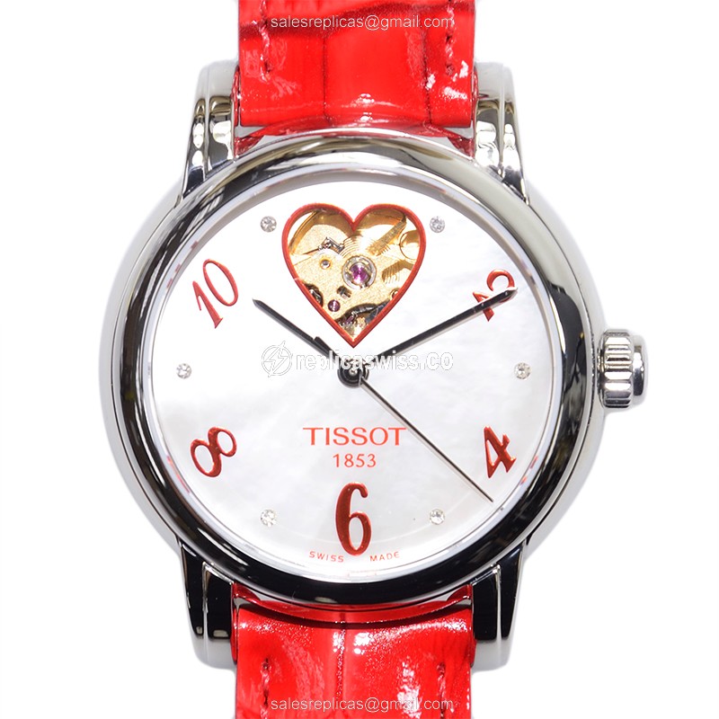 Luxurious Tissot T-LADY Replica in Stainless Steel, Automatic Movement, White Dial & Red Leather
