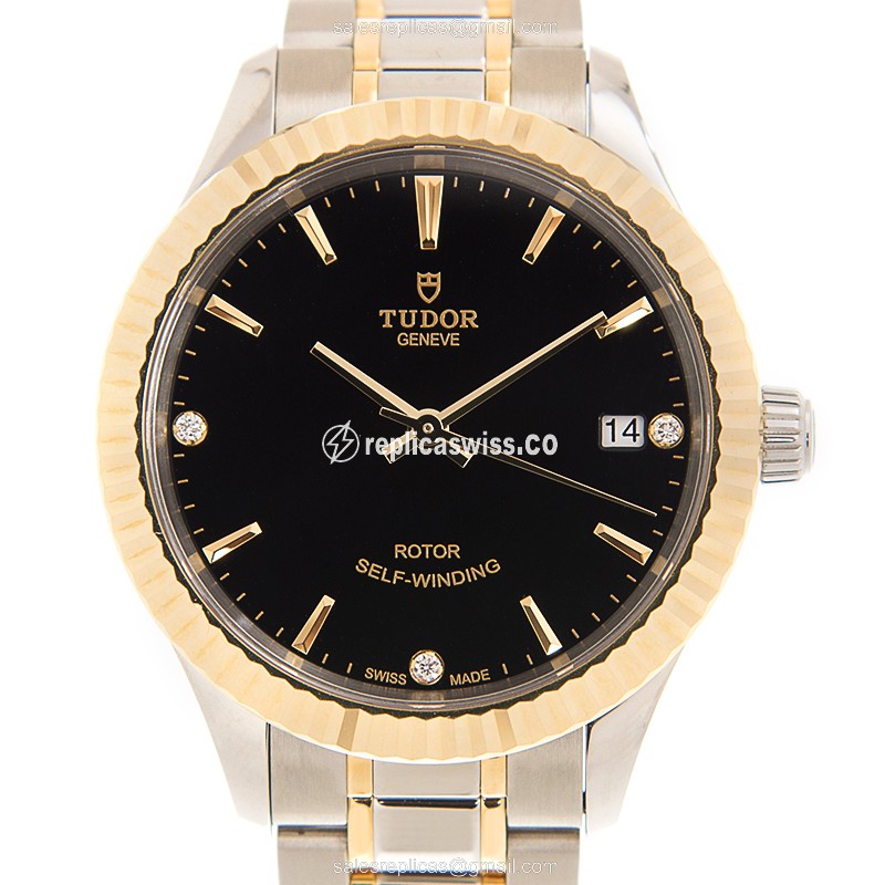 Luxurious Tudor 12313-65033-369DI-BK Replica with Black Dial 18kt Gold Steel Case Watch