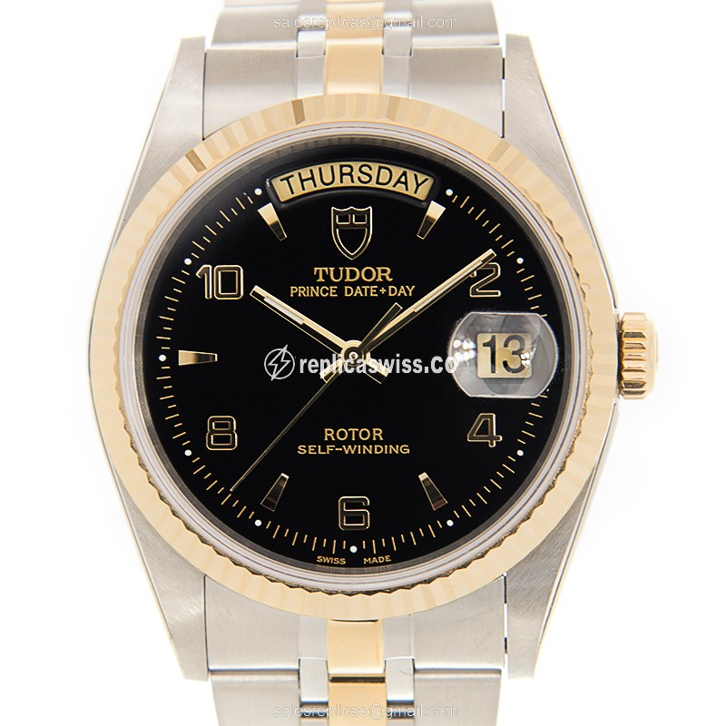 Luxurious Tudor 76213AR-BK Automatic Gold-Steel Case Watch with Black Dial 18kt Strap
