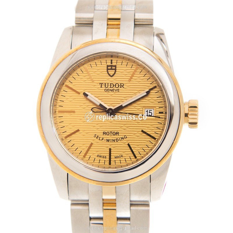 Luxurious Tudor Glamour Date Replica | Gold Dial & Clasp, 18kt Steel Case Watch