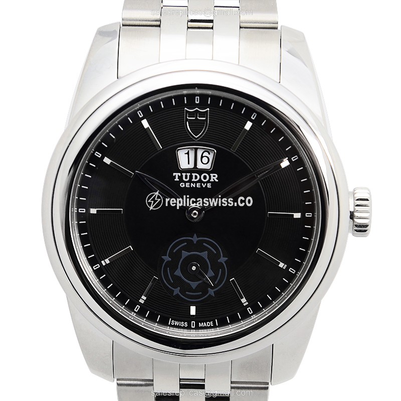 Luxurious Tudor Glamour Date Replica in Black, Automatic Steel Case & Silver Clasp Watch