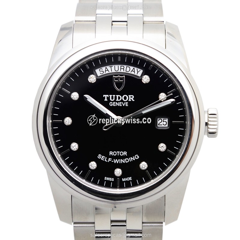 Luxurious Tudor Glamour Date Replica in Black Steel, Automatic Movement Silver Steel Bracelet