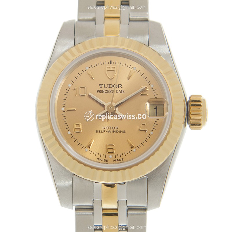 Luxurious Tudor Princess Date Replica in 18kt Gold & Steel, Automatic Movement & Crystal Dial Watch