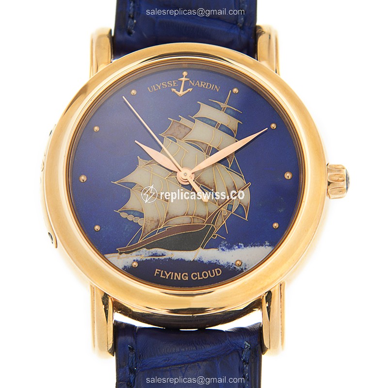 Luxurious Ulysse Nardin 136-11/FLC Automatic Replica in 18kt Gold with Blue Dial Alligator
