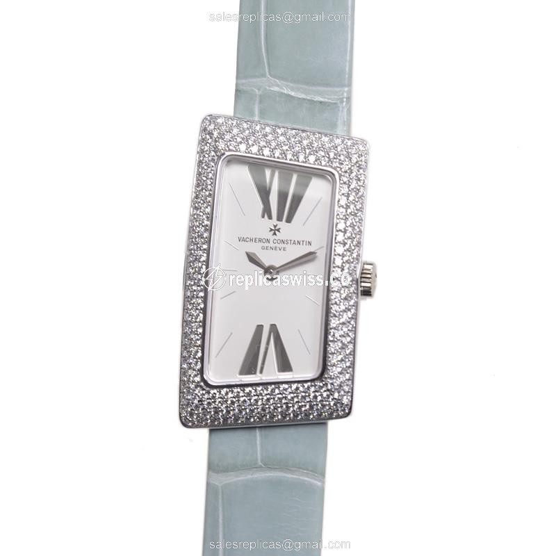 Luxurious Vacheron Constantin 25515/000G-9233 Quartz Replica in 18kt White Gold, Adorned with