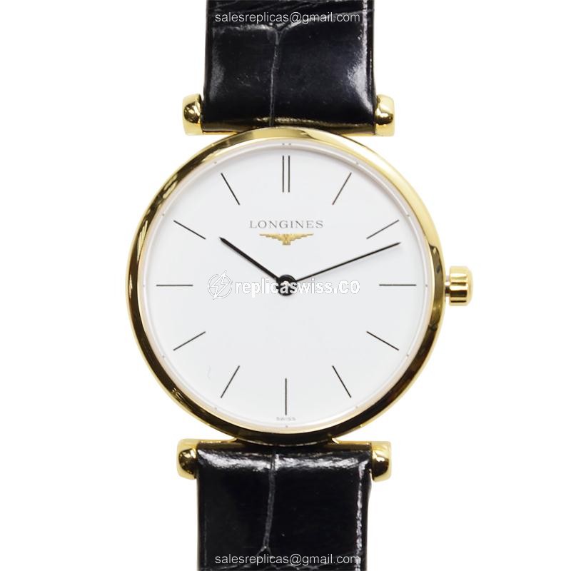 Luxurious White Dial Longines L4.209.2.12.2 Quartz Replica in PVD Gold with Alligator strap Watch