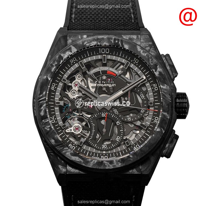Luxurious Zenith DEFY Carbon Fiber Replica Watch | Automatic Movement, Black Dial & Rubber Strap