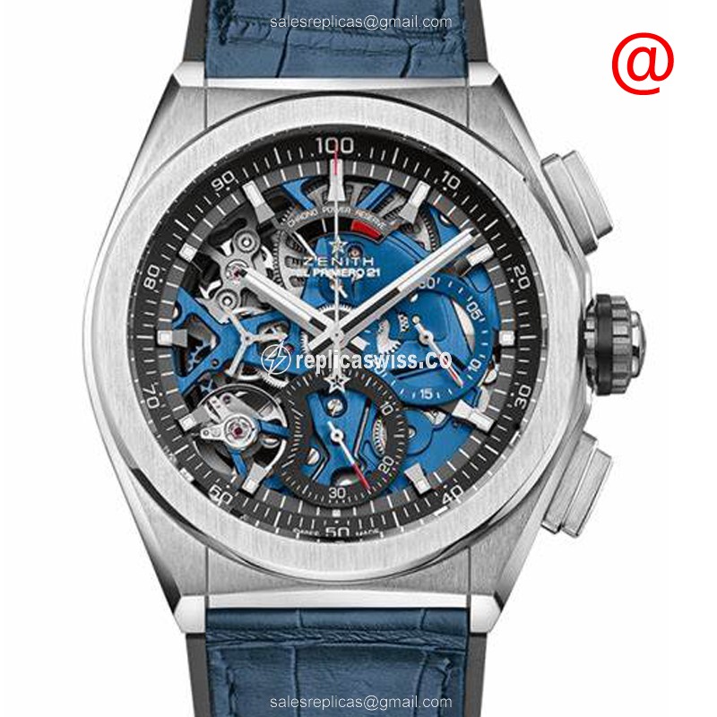Luxurious Zenith DEFY Replica in Titanium Case & Blue Alligator Strap, Automatic Movement Watch