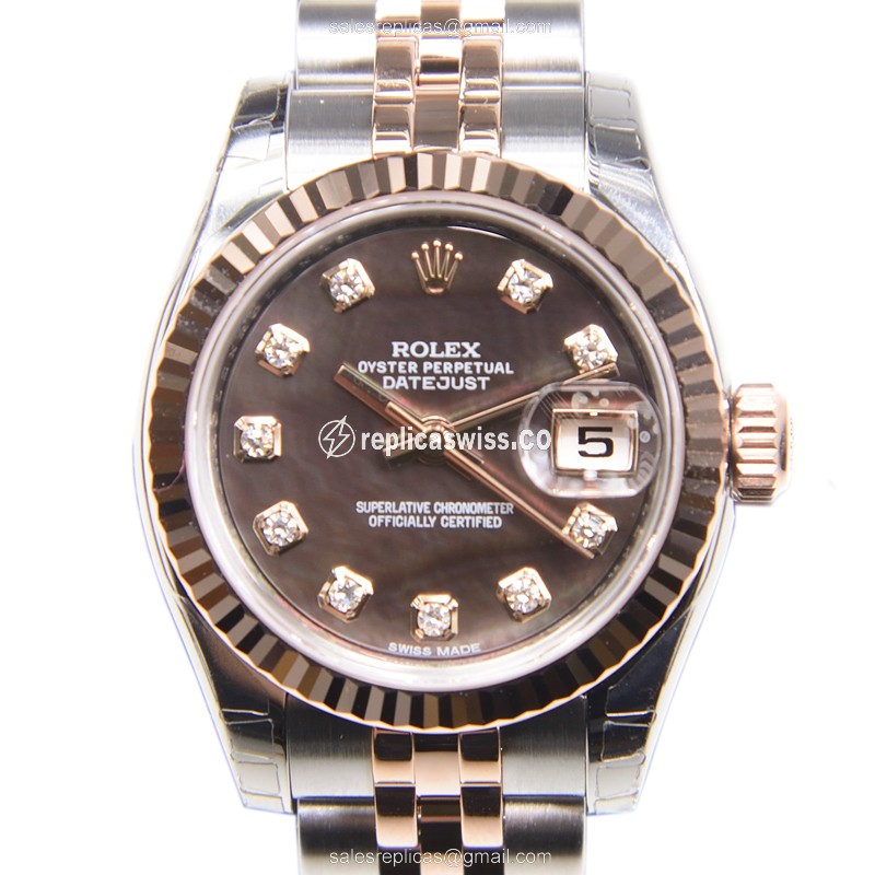 Luxury 18kt Steel & Rose Gold Rolex Lady Datejust Replica Automatic, Black Dial Silver strap