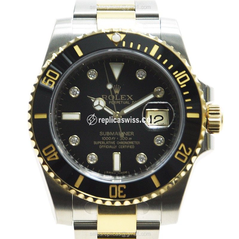 Luxury Black Dial Rolex 116613LN8DIA Submariner Automatic in 18kt Steel Silver Clasp Watch