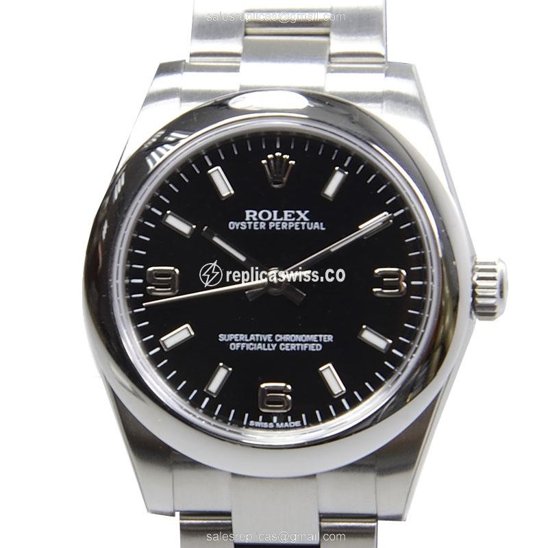 Luxury Black Dial Rolex 177200BK369WT OYSTER PERPETUAL Automatic Steel Case, Silver Strap Watch