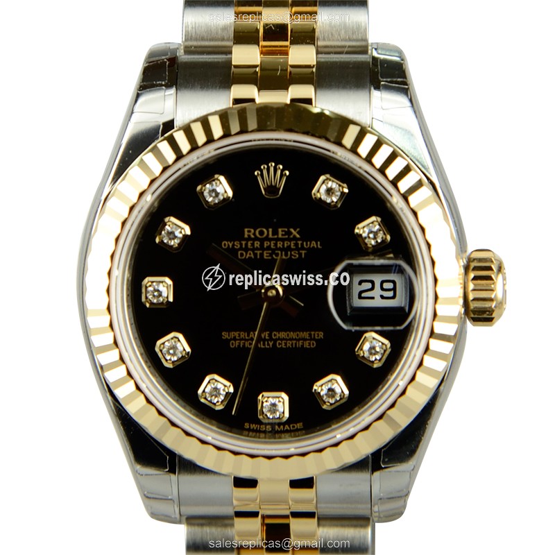 Luxury Black Dial Rolex Lady Datejust Replica Watch | Automatic Movement & Silver Clasp