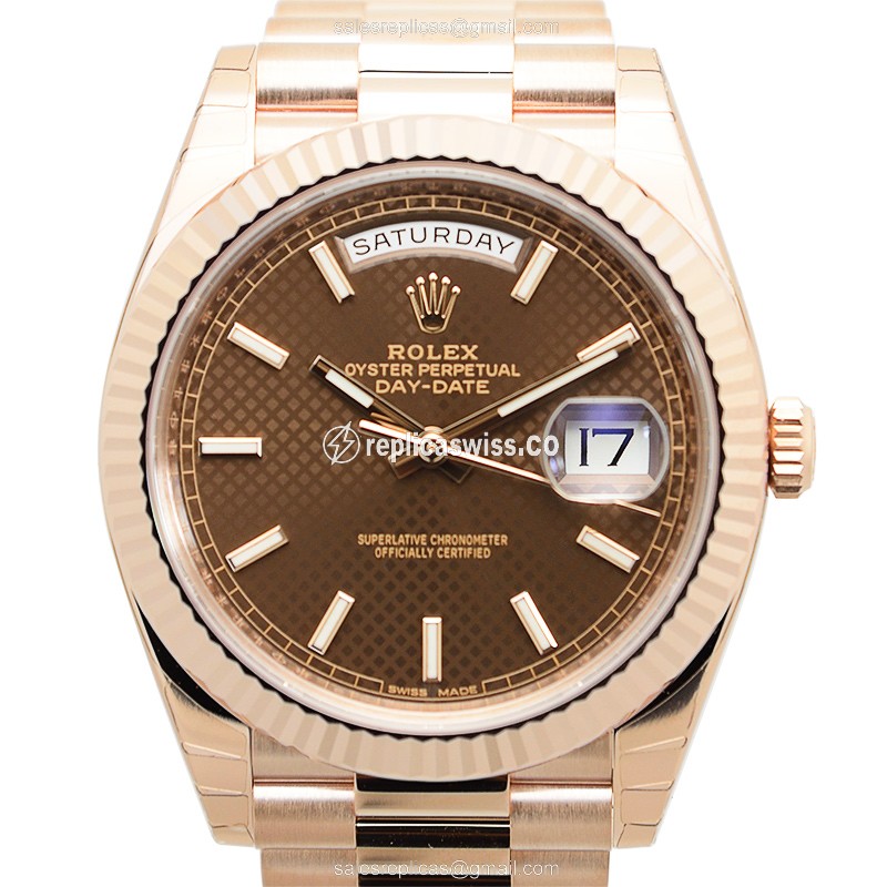 Luxury Brown Dial Rolex DAY-DATE Replica, Automatic Movement, 18kt Gold Case & Pink Strap Watch