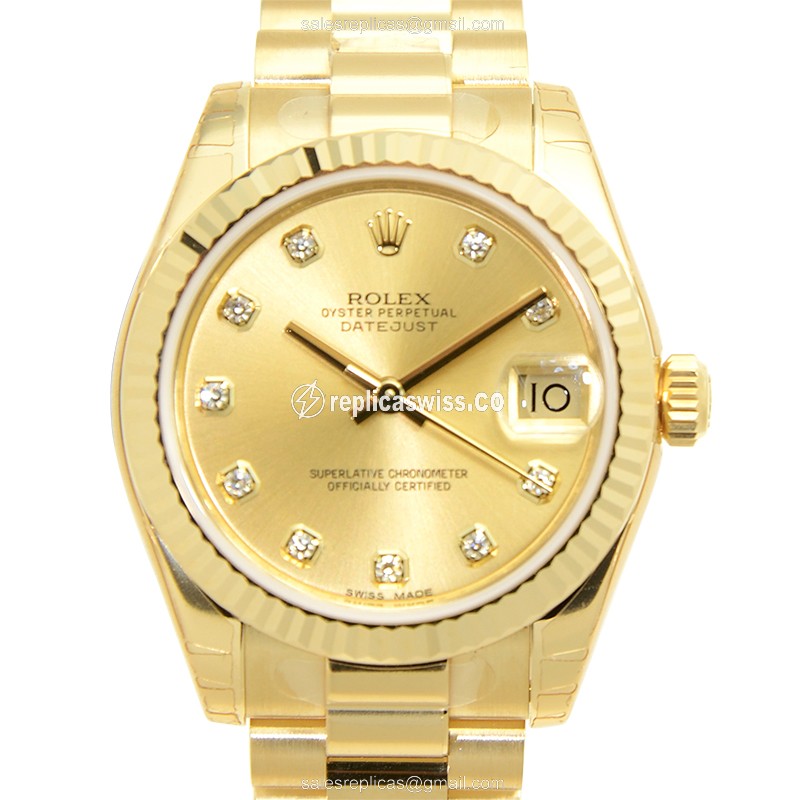 Luxury Gold Dial Lady Datejust Replica Watch, Automatic Movement & Elegant Gold Clasp