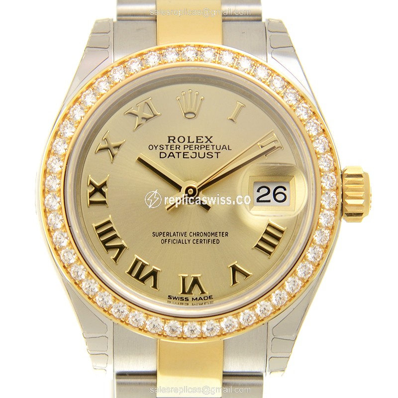 Luxury Gold Diamond-Adorned Rolex Lady Datejust Replica, Automatic Movement, 18kt Steel Case
