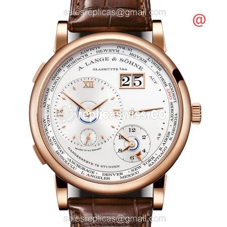 Luxury Lange 1 Time Zone Replica in 18kt Gold Case & Silver Dial, Elegant Brown Leather Strap Watch