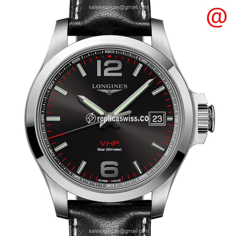 Luxury Longines Conquest Replica Watch in Stainless Steel & Black Leather, Precision Quartz Movement