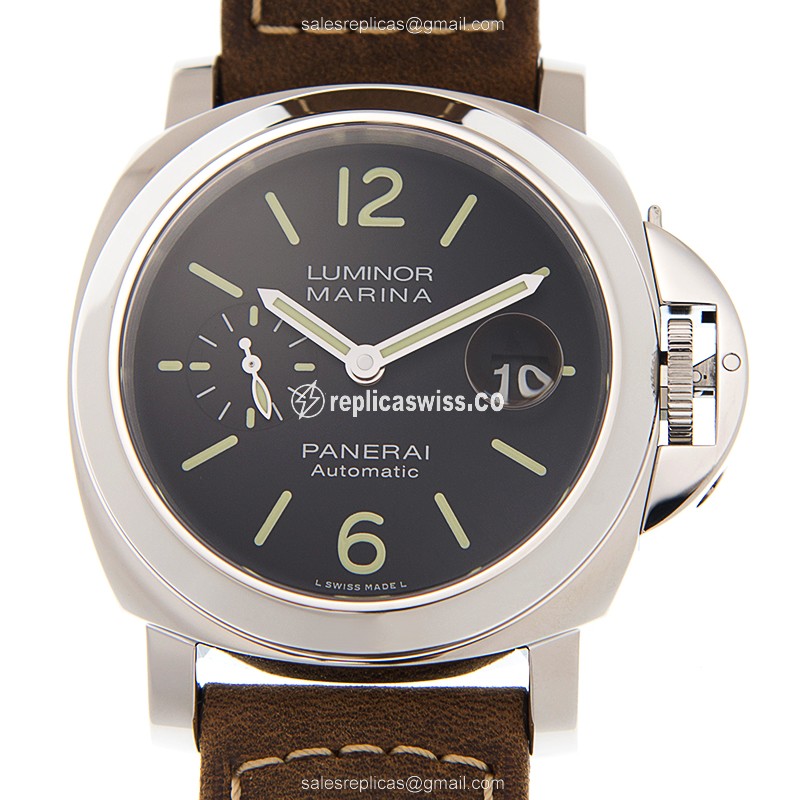 Luxury Panerai LUMINOR Replica Automatic, Black Dial, Alligator Brown strap Watch