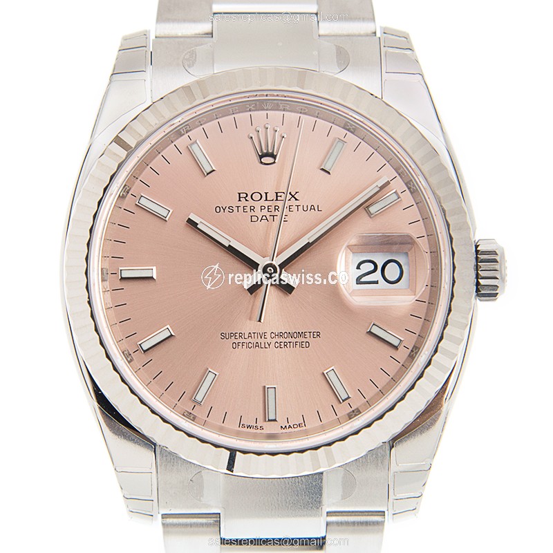 Luxury Pink Dial Rolex 115234-0006 Replica, Automatic Movement, 18kt White Gold & Steel Case Watch