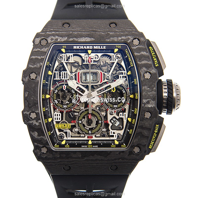 Luxury Richard Mille RM11-03 Carbon Fiber Automatic Watch with Silver Dial & Black Rubber Strap