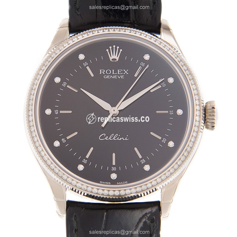 Luxury Rolex Cellini Series 50609RBR Replica, Automatic Movement, 18kt White Gold Case with Black