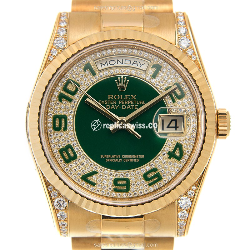 Luxury Rolex DAY-DATE 118338DPA Replica in 18kt Gold with Green Dial & Automatic Movement Watch