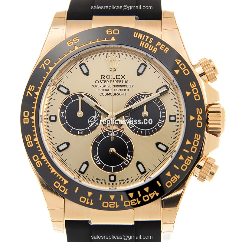Luxury Rolex Daytona 116518LN-0048 Replica in 18kt Gold, Automatic Movement & Black Rubber Strap