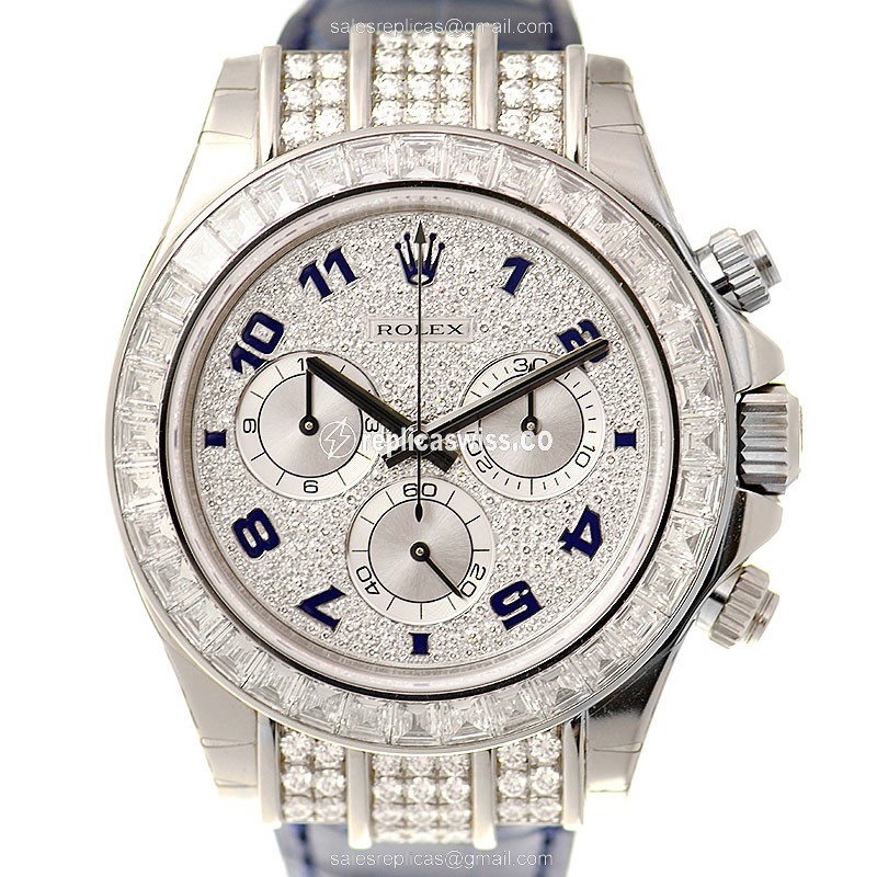 Luxury Rolex Daytona 116599TBR Replica in 18kt White Gold with Silver Dial & Blue Alligator Strap