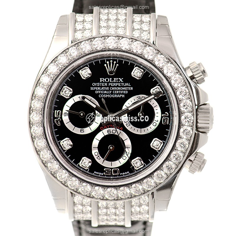 Luxury Rolex Daytona Replica in 18kt White Gold, Automatic Movement, Black Dial & Diamond Bezel