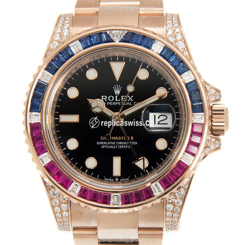 Luxury Rolex GMT-MASTER II Replica in 18kt Rose Gold Case, Automatic Movement & Black Dial Watch