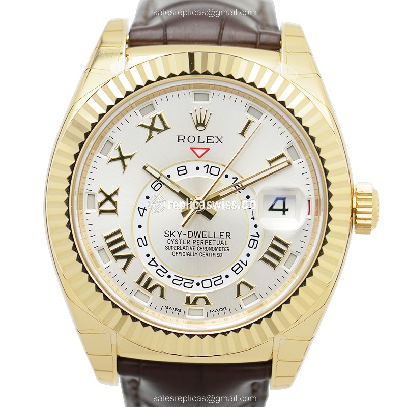 Luxury Rolex Sky-Dweller Replica in 18kt Gold Case, Automatic Movement, Silver Dial Watch