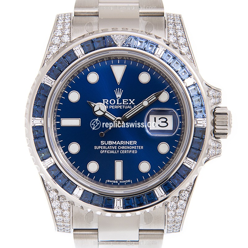 Luxury Rolex Submariner Replica in 18kt White Gold & Sapphire Crystal, Automatic Blue Dial Watch