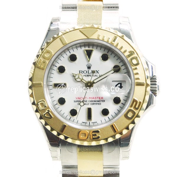 Luxury White Dial Rolex 169623 Yacht Master Replica in 18kt Gold & Silver Case Watch