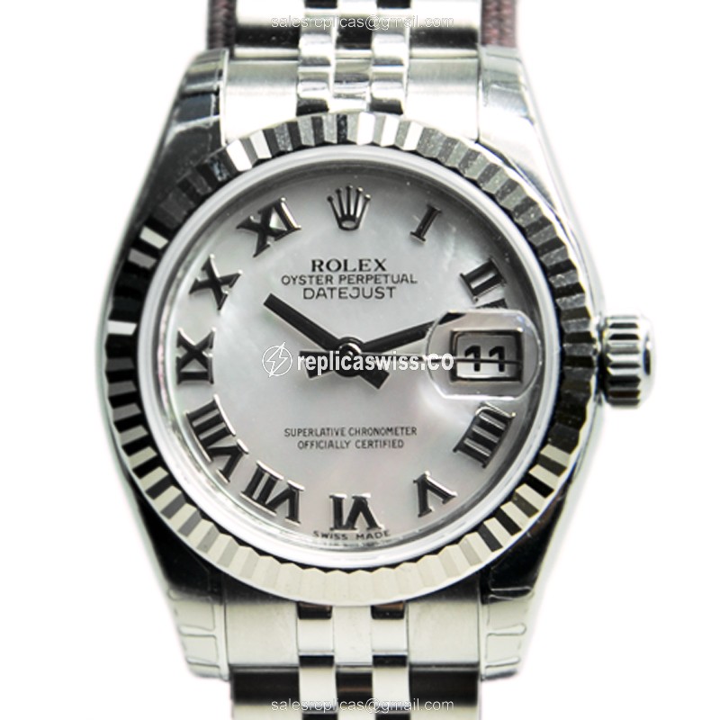 Luxury White Gold Rolex Lady Datejust Replica with Automatic Movement & Silver Steel Strap Watch