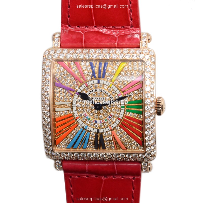 Master Square Replica by Franck Muller: 18kt Rose Gold Case, Diamond Bezels, Alligator Strap Watch