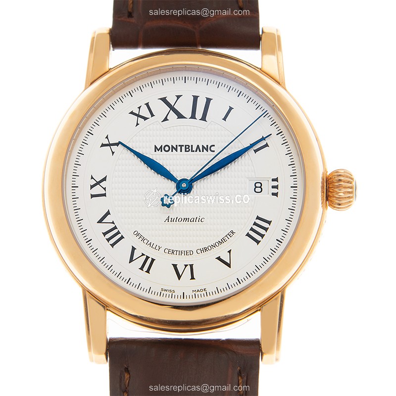 Mont Blanc 101640 STAR Automatic Replica, 18kt Gold Case, White Dial, Brown Alligator Strap Watch