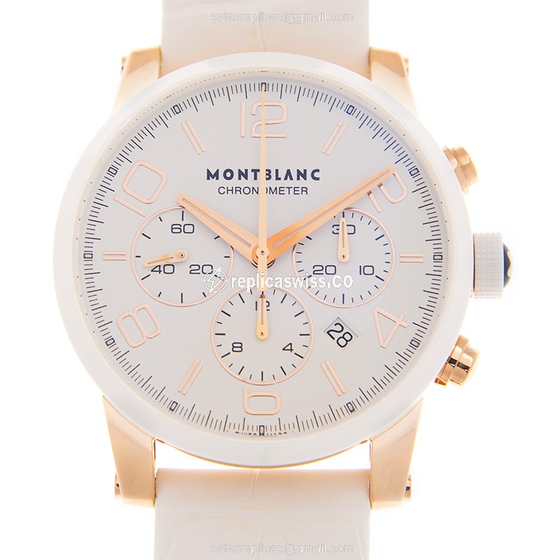 Mont Blanc 104669 TIMEWALKER Automatic Replica in 18kt Gold, White Dial Alligator Strap Watch