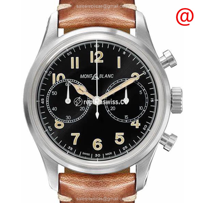 Mont Blanc 1858 Automatic Stainless Steel Replica, Black Dial & Leather Strap Watch