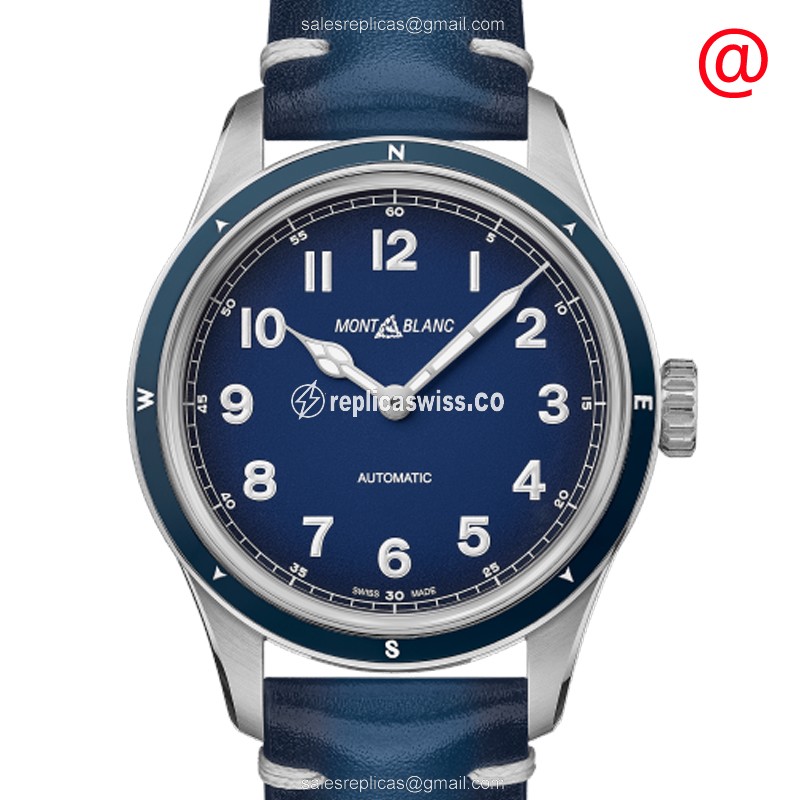 Mont Blanc 1858 Automatic Steel Case Blue Dial Luxury Replica Watch with Leather Strap