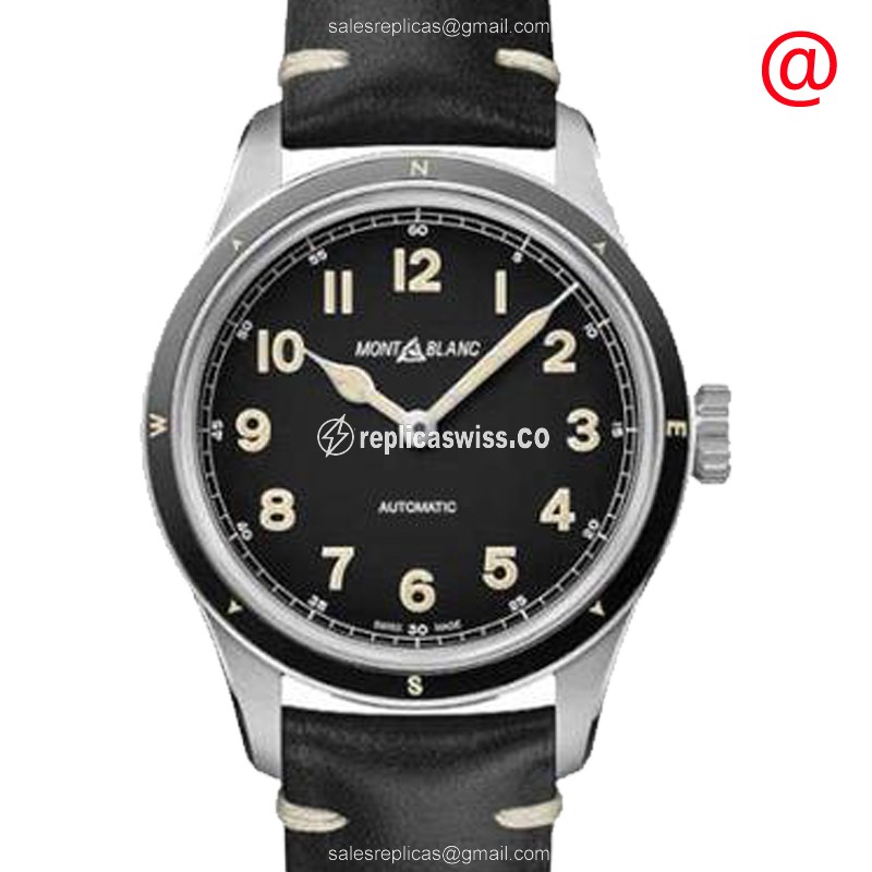 Mont Blanc 1858 Collection, Automatic Leather Strap Replica with Black Dial Stainless Steel