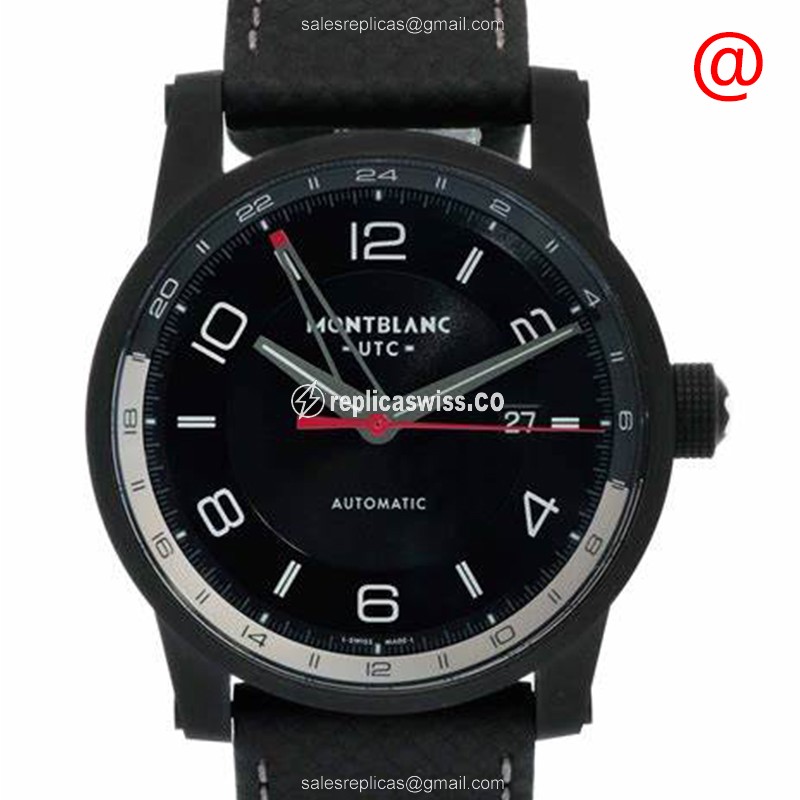 Mont Blanc TIMEWALKER Stainless Steel Automatic Black Dial Watch, Genuine Leather Strap